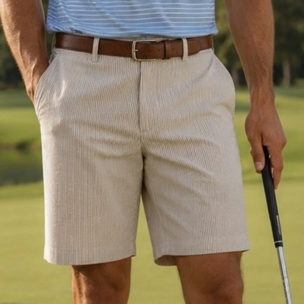 Peter Millar Mens 36 Crown Sport Wicking Golf Shorts Tan White Micro Stripe 9in